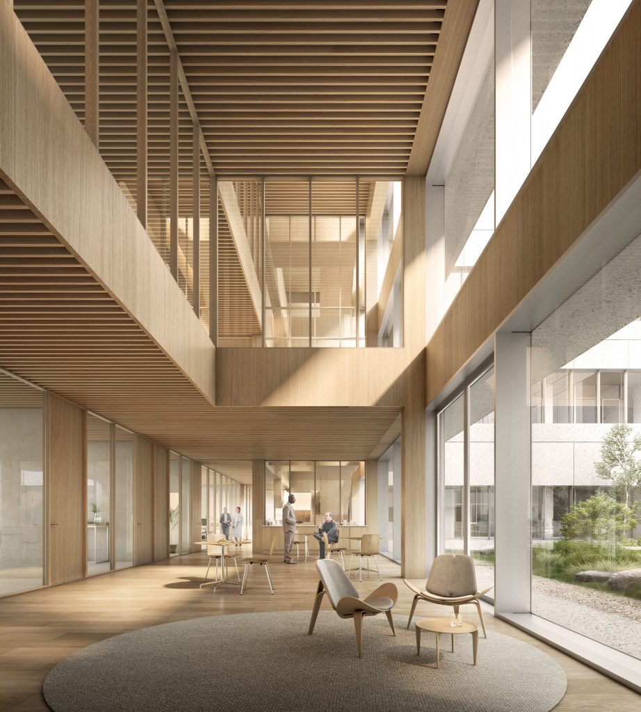 View of the office area from the central nave of the Advanced Science Building © KAAN Architecten and Celnikier & Grabli Architectes