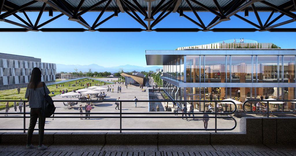 Architectural visualisation of the Double Deck: view from the 2nd floor of the CM building. © Atchain / Dominique Perrault Architecte, ADAGP, 2023