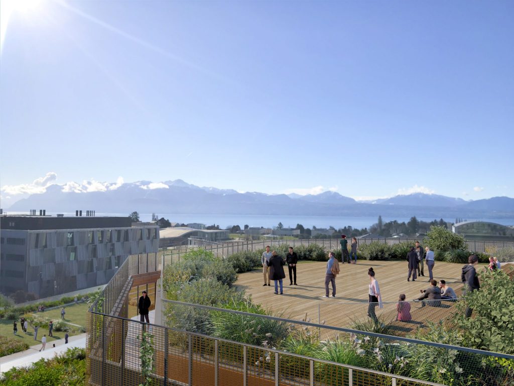 Architectural visualisation of the Double Deck: view of the accessible roof of the Coupole building © Atchain / Dominique Perrault Architecte, ADAGP, 2023