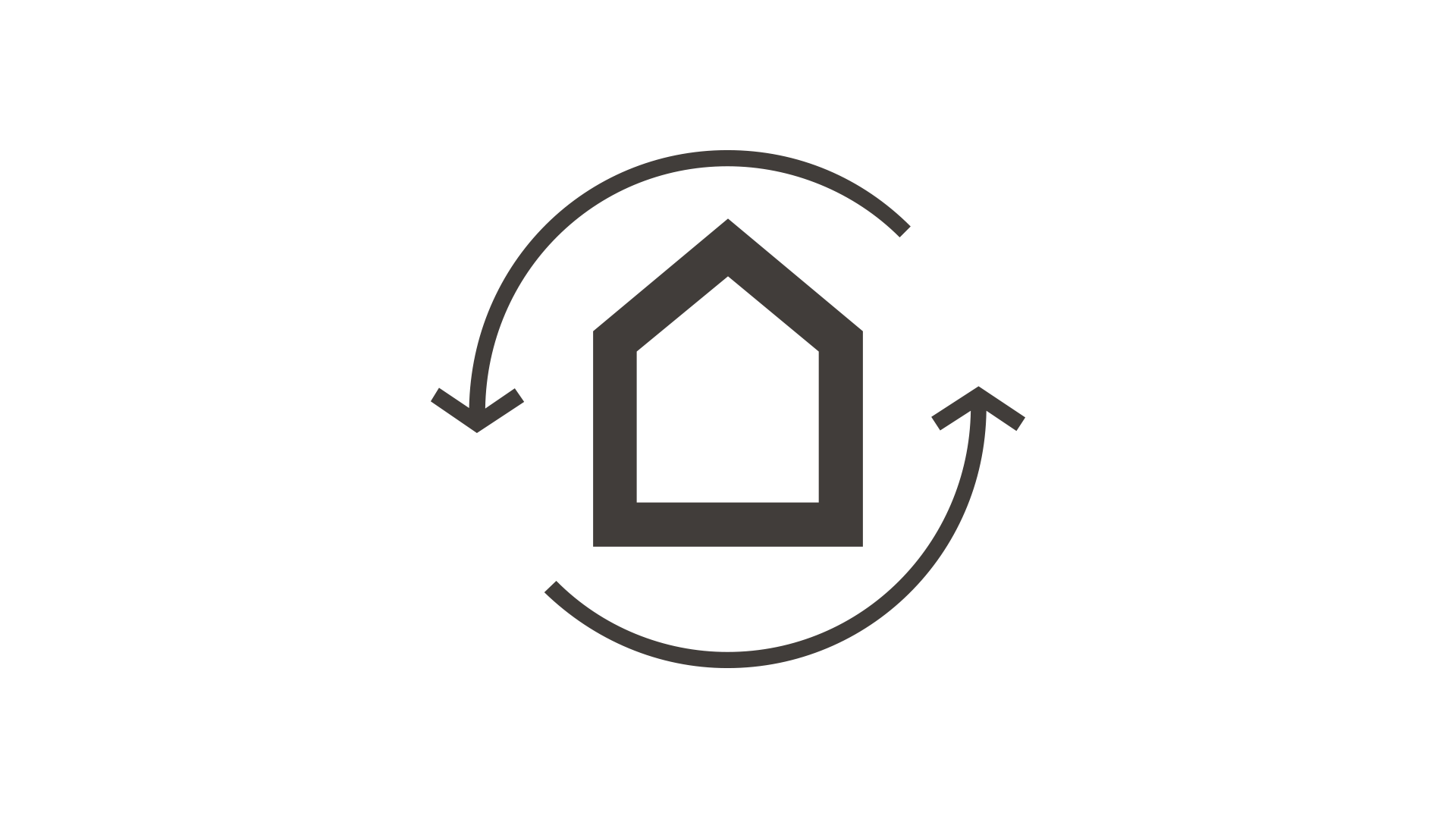 Pictogram of a house with two circular arrows encircling it