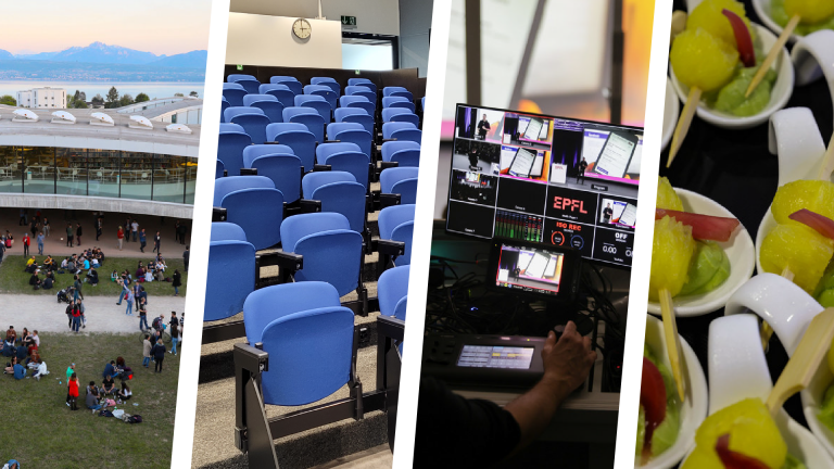 Quatre miniatures de lieux à l'EPFL: le RolexLearning Center; une salle avec des sièges bleus; un écran monitorant des caméras vidéo; des amuse-bouche sur une table