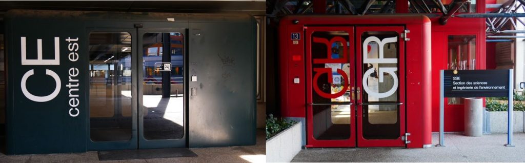 Photographie de la situation des entrées des bâtiments CE et GR avec signalisation en 2019.