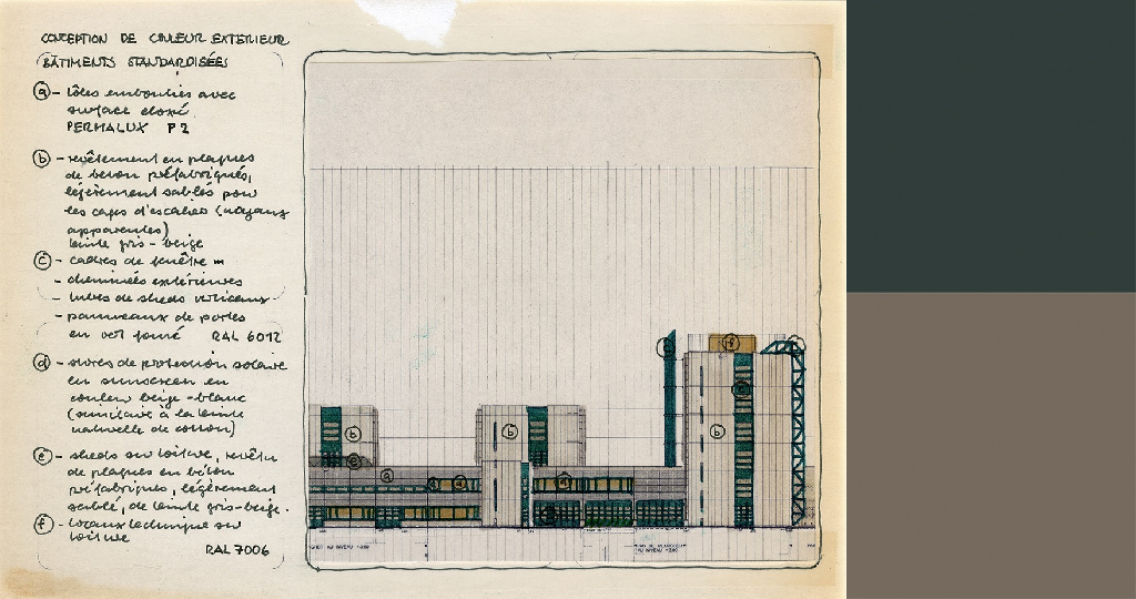 Document d'archive montrant une élévation des bâtiments depuis le côté est, accompagné des couleurs RAL correspondantes à celles du dessin : 6012 (vert noir) et 7006 (gris-beige).